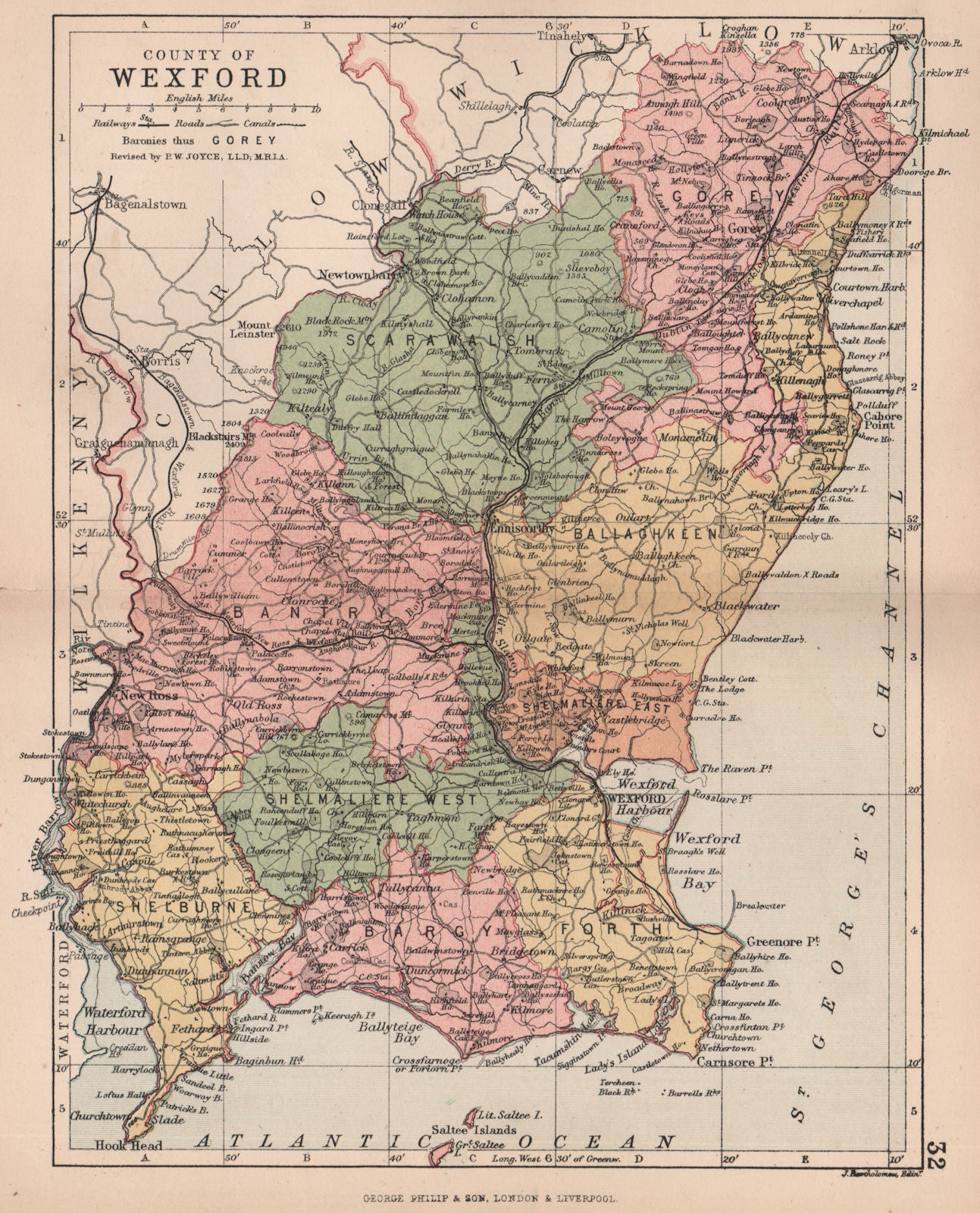 COUNTY WEXFORD. Antique county map. Leinster. Ireland. BARTHOLOMEW 1882